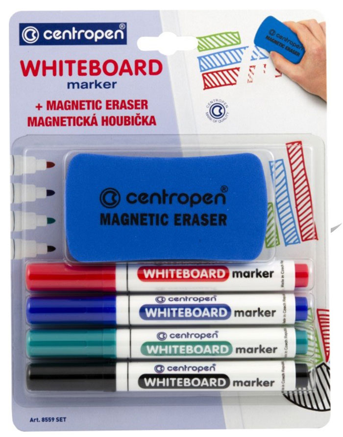 Set marker whiteboard Centropen  4cul+bureta p/tabla magn.