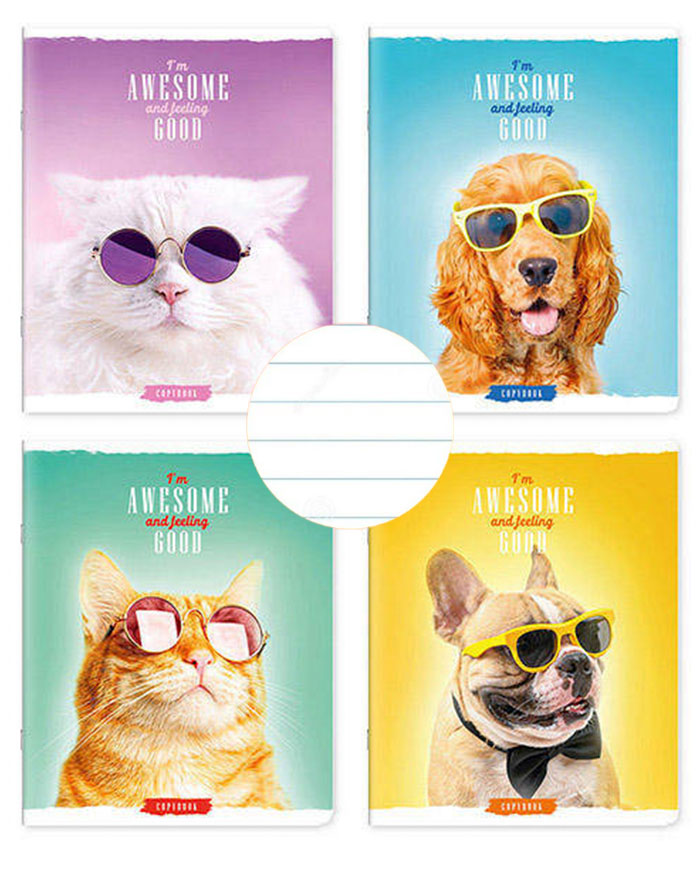 Caiet A5 60file  linii catelus si pisici in ochelari