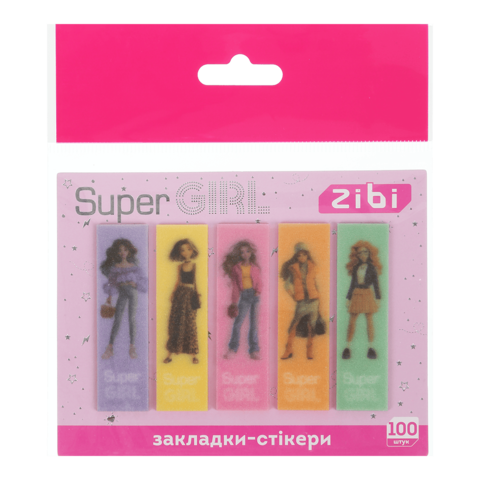 Semne de carte sclipitoare SUPER GIRL  cu strat adeziv  55×15 mm  5 modele × 20 foi